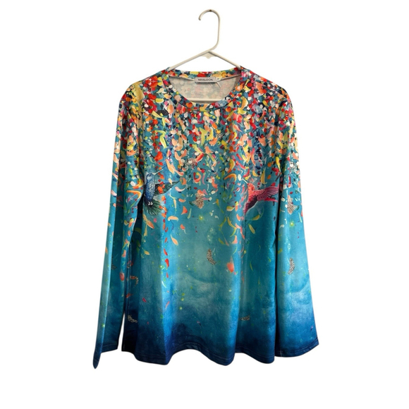 Misslook Hippie Party Tee Shirt Tunic Blouse Womens XL Blue Hummingbird Confetti - Picture 16 of 16